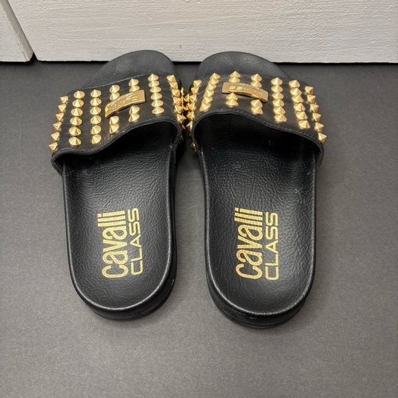 CAVALLI CLASS Black Studded Leather Slides Size 7 - Picture 6 of 7